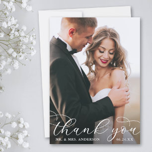 Modern Elegant Calligraphy Wedding Photo W Dankeskarte