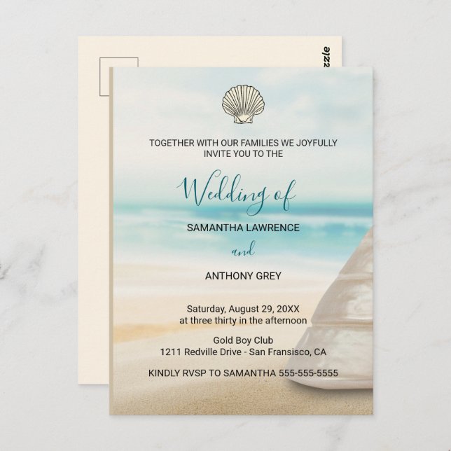Modern Elegant Coastal Wedding Invitation Postkarte (Vorne/Hinten)