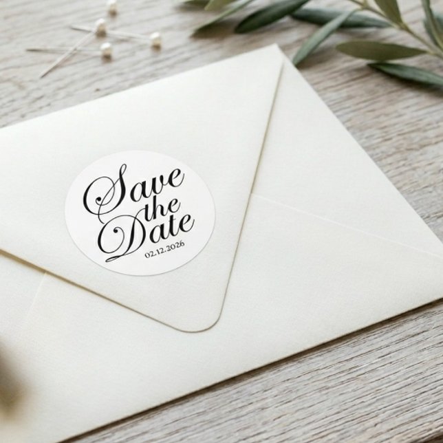 Modern Elegant Custom Save The Date | Black Text Runder Aufkleber (Wedding custom save the date round sticker )