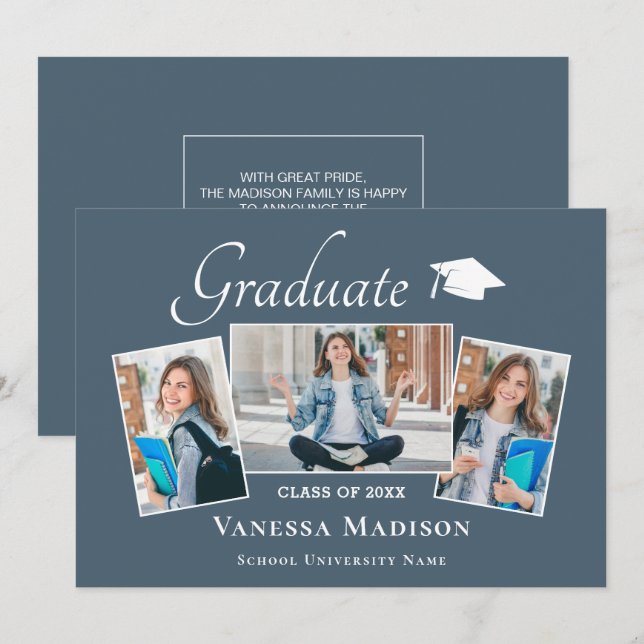 Modern | Elegant Dusty Blue 3 Foto Abschluss Ankündigung (Vorne/Hinten)