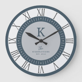 Modern Elegant Dusty Blue Gray Monogram Family Große Wanduhr