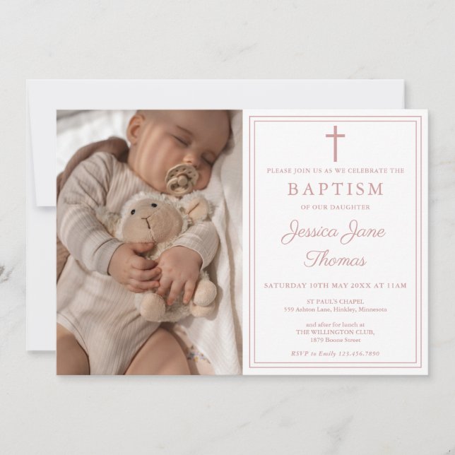 Modern Elegant Dusty Rose Pink Photo Baptism Einladung (Vorderseite)