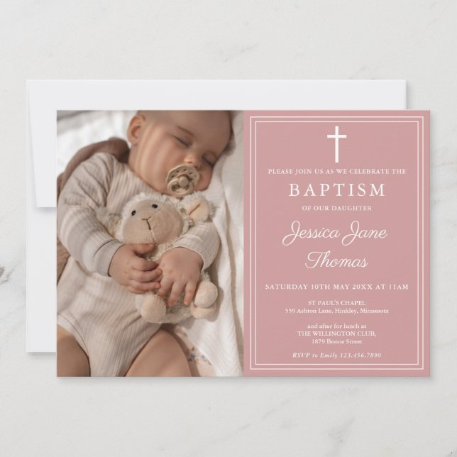 Modern Elegant Dusty Rose Pink Photo Baptism Einladung (Vorderseite)