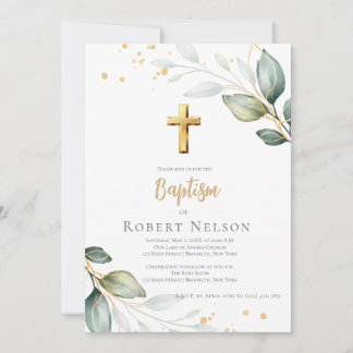 Modern Elegant Eucalyptus Gold Baptism Christening Einladung