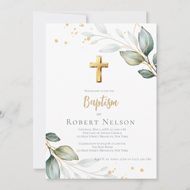 Modern Elegant Eucalyptus Gold Baptism Christening Einladung (Vorderseite)