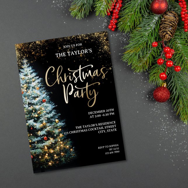 Modern Elegant Glitter Christmas Tree Party Einladung (watercolor christmas tree with black background gold details party invitation)