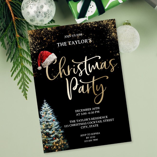 Modern Elegant Glitter Christmas Tree Party Einladung (Modern Elegant Glitter Christmas Tree Party Invitation with gold writing and santa's cap)