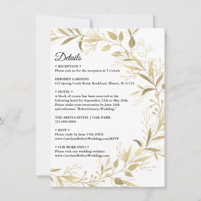 Modern Elegant Gold Leaf Hochzeit Details Einladun Einladung (Vorderseite)