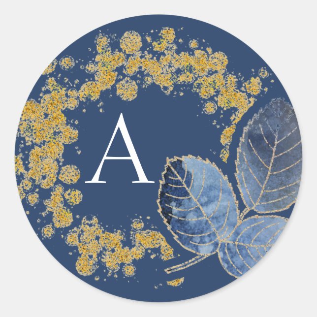 Modern Elegant Gold Sparkle Blue Monogram Runder Aufkleber (Vorderseite)