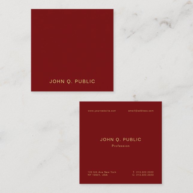 Modern Elegant Gold Text Burgundy Red Luxury Silk Quadratische Visitenkarte (Vorne/Hinten)
