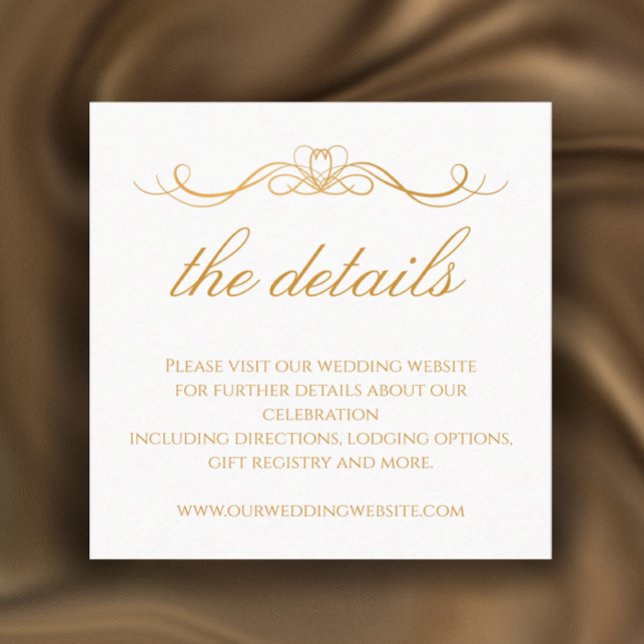 Modern Elegant Gold & White Wedding Details Begleitkarte (Add your own words for a custom elegant gold and white details enclosure card with wedding QR code)