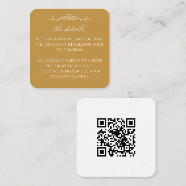 Modern Elegant Gold & White Wedding QR Details Begleitkarte (Vorne/Hinten)