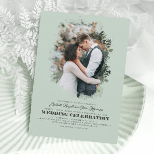 Modern Elegant Greenery Photo Overlay Wedding Einladung