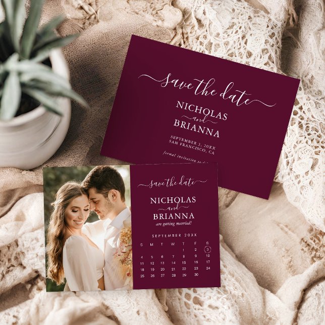 Modern Elegant Photo Calendar Burgundy Wedding Save The Date (Von Creator hochgeladen)