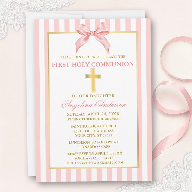Modern Elegant Pink Blush Striped Communion Einladung (Customize to change text color, text size or style.)