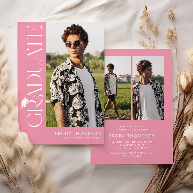 Modern Elegant Pink & White 3 Photo Graduation Einladung (Von Creator hochgeladen)