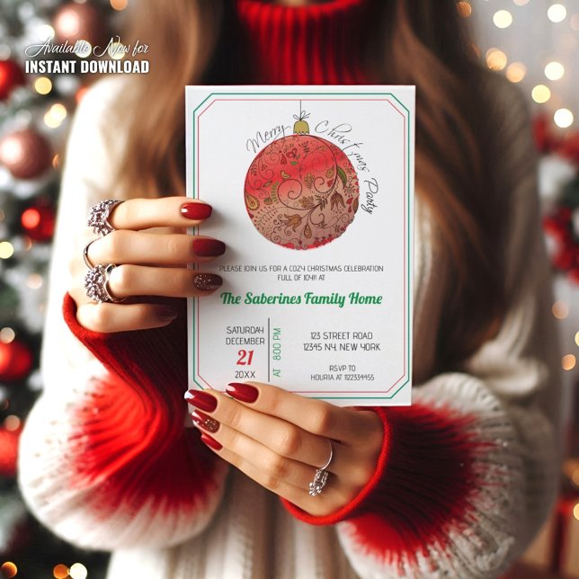 Modern Elegant Red Christmas Doodle Ornament  Einladung (Von Creator hochgeladen)