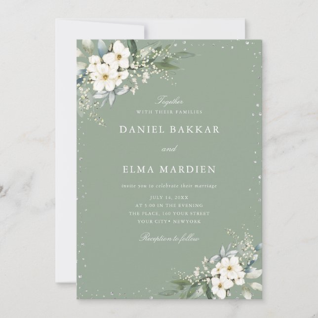 Modern Elegant Sage Green Boho Floral Wedding  Einladung (Vorderseite)
