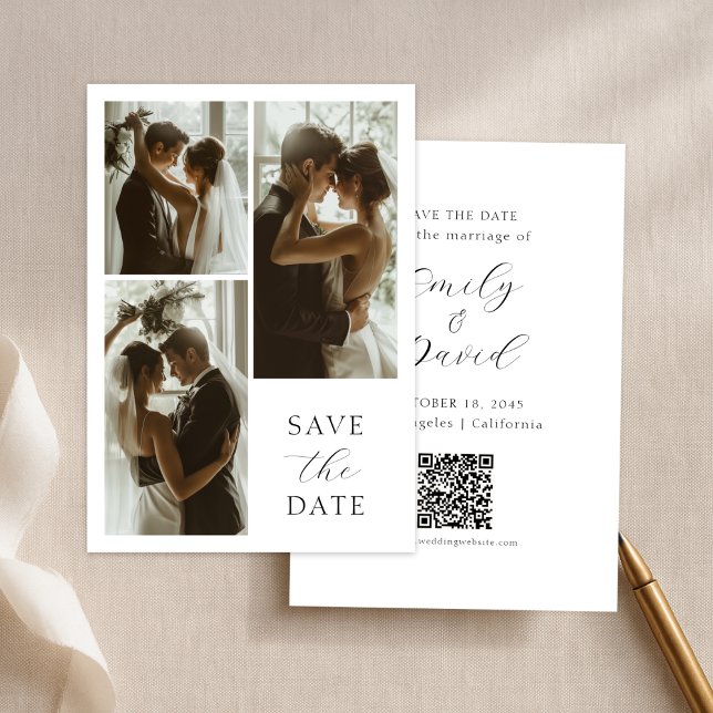 Modern Elegant Script 3 Photo Minimalist Wedding Save The Date (Von Creator hochgeladen)