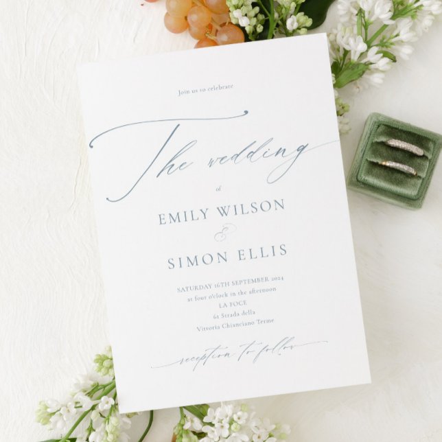 Modern Elegant Script Dusty Blue Wedding Einladung (dusty blue dainty script wedding invitation, elegant blue wedding invite, simple modern minimalist)
