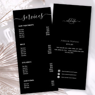 Modern Elegant Simple Black Spa Salon Service Menu Werbekarte