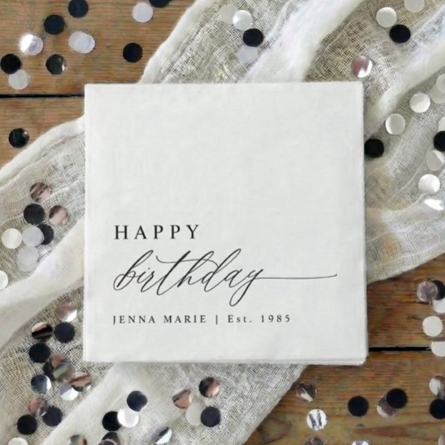 Modern Elegant Simple Happy Birthday Script Serviette (Black and white personalized happy birthday script party napkins)