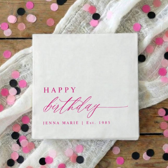 Modern Elegant Simple Pink Happy Birthday Serviette (Pink personalized happy birthday script party napkins - Modern, elegant and simple.)