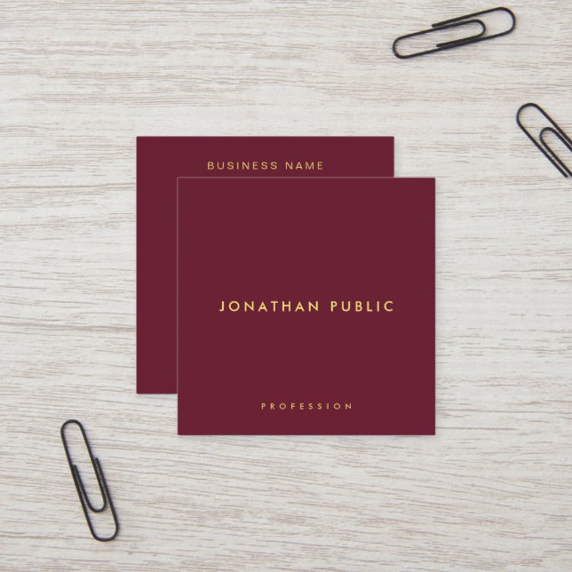 Modern Elegant Simple Template Gold Text Burgundy Quadratische Visitenkarte (Vorderseite/Rückseite Beispiel)