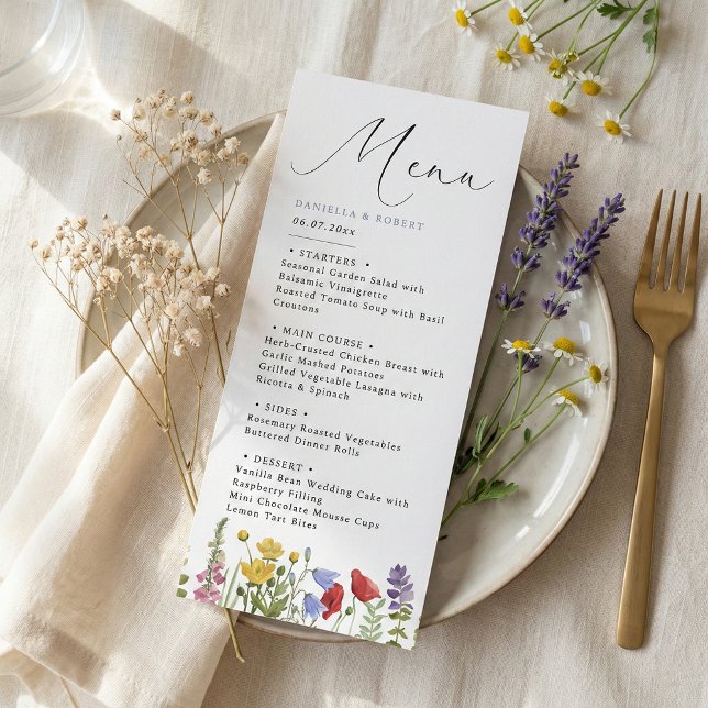 Modern Elegant Spring Summer Wildflower Wedding Menükarte (elegant modern minimalist wildflower wedding menu card in script calligraphy)