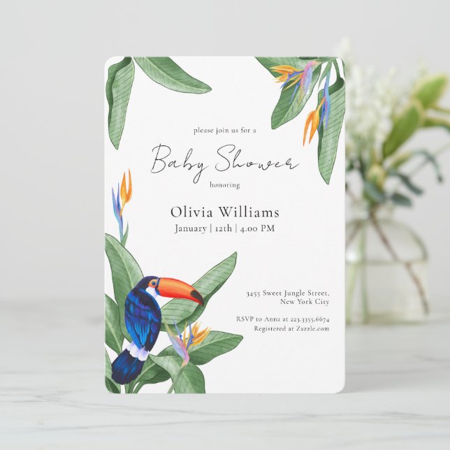 Modern Elegant Tropical Floral Bird Baby Shower  Einladung (Stehend Vorderseite)