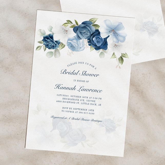Modern Elegant Watercolor Floral Bridal Shower Einladung (Floral Dusty Blue Botanical Bloom Bridal Shower)