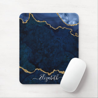 Modern Elegant Watercolor Marble Geode Blue Gold Mousepad