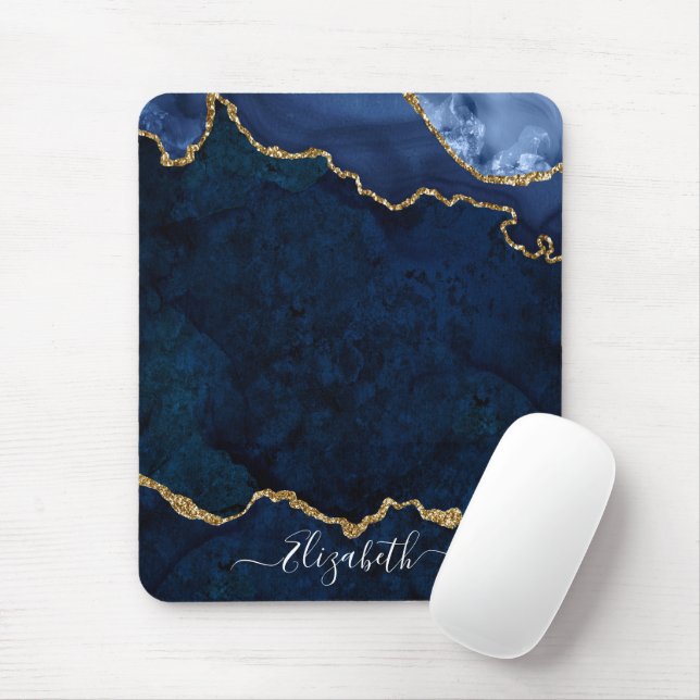 Modern Elegant Watercolor Marble Geode Blue Gold Mousepad (Mit Mouse)