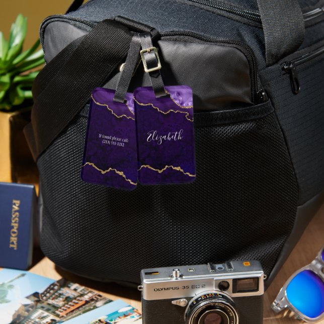 Modern Elegant Watercolor Marble Geode Purple Gold Gepäckanhänger (Vorderseite & Rückseite)