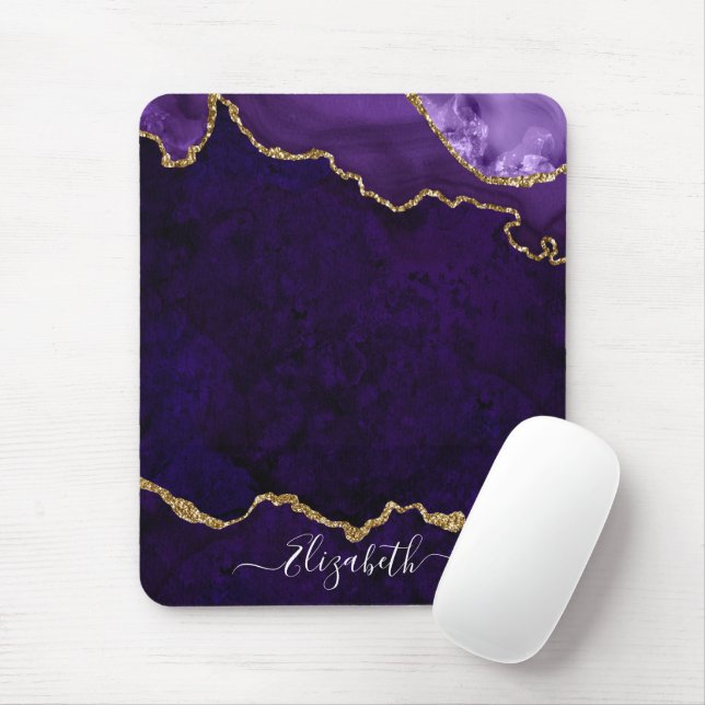 Modern Elegant Watercolor Marble Geode Purple Gold Mousepad (Mit Mouse)