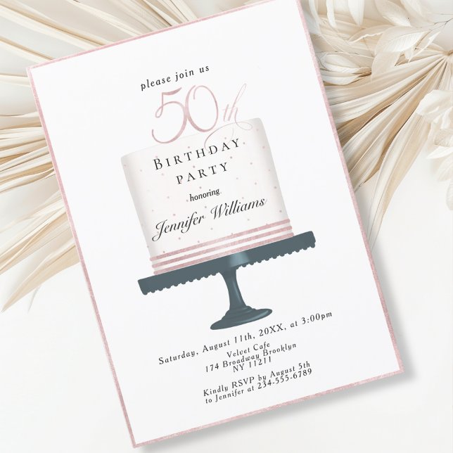 Modern, elegante  50. Geburtstag Einladung (Modern, elegant, luxury, white & pink, 50. birthday invitation with cake illustration.)