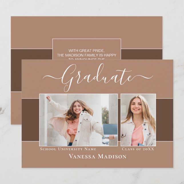 Modern | Elegante Earth Tone 2 Foto Abschluss Ankündigung (Vorne/Hinten)