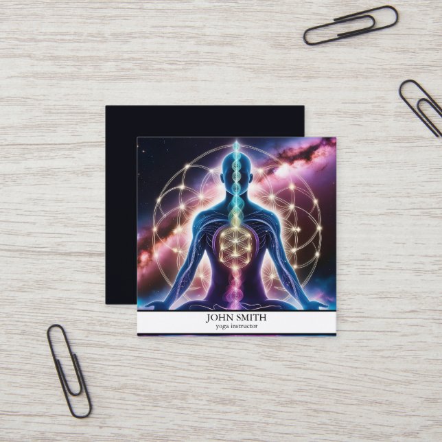 Modern Elegante Gold Chakra Spirituelle Energie Yo Quadratische Visitenkarte (Vorderseite/Rückseite Beispiel)