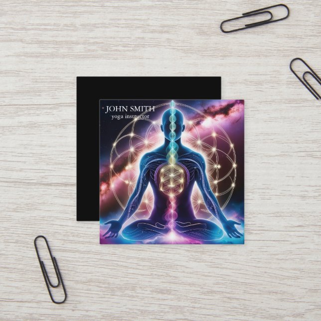 Modern Elegante Gold Chakra Spirituelle Energie Yo Quadratische Visitenkarte (Vorderseite/Rückseite Beispiel)