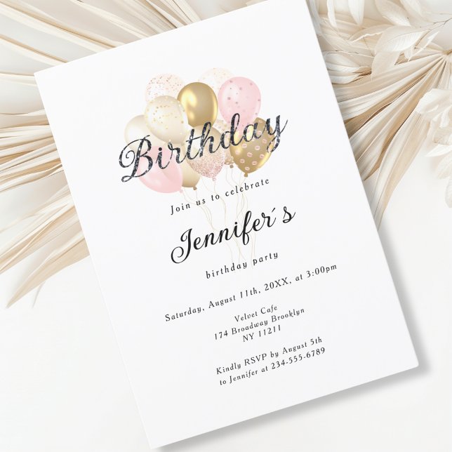 Modern, elegante Luftballon Einladung (Modern, elegant, balloon, white-gold-pink invitation)