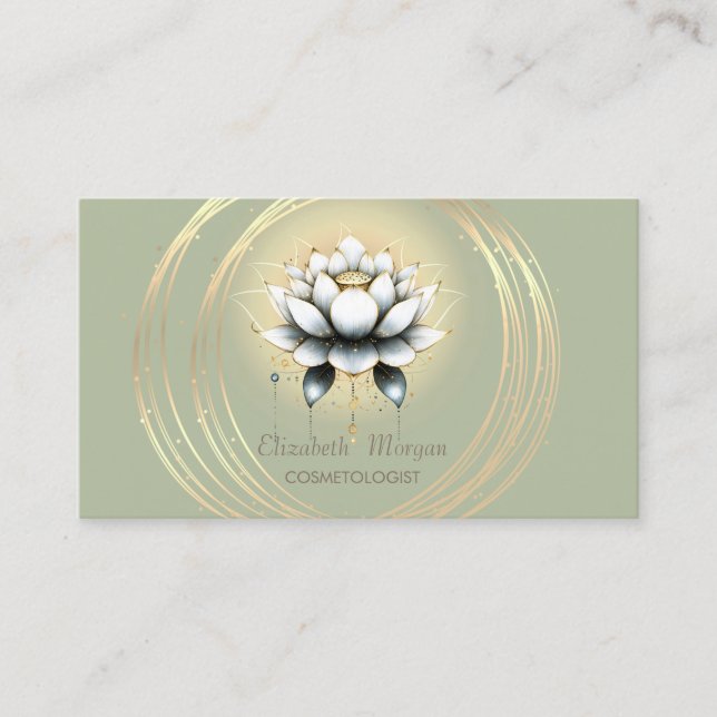 Modern elegante White Lotus Gold Circles Green Visitenkarte (Vorderseite)