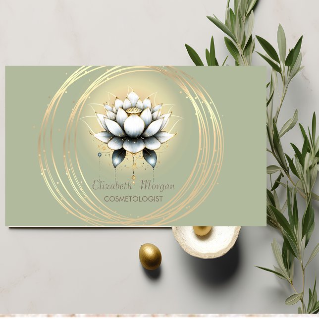 Modern elegante White Lotus Gold Circles Green Visitenkarte (Von Creator hochgeladen)
