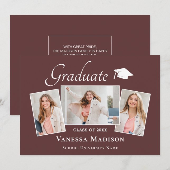 Modern | Eleganter Dusty Rose 3 Foto Abschluss Ankündigung (Vorne/Hinten)