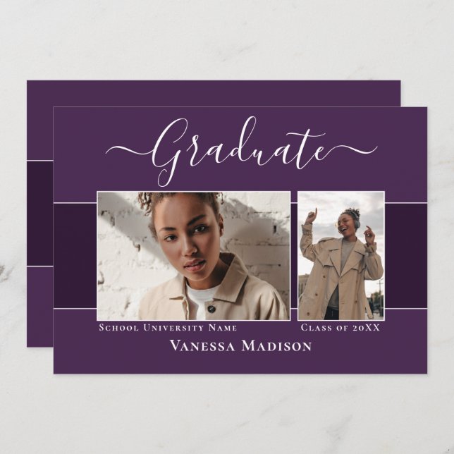 Modern | Eleganter Lila Abschluss mit 2 Fotos Ankündigung (Vorne/Hinten)