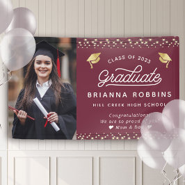 Modern Elegantes Script Gold Abschluss Foto Maroon Banner