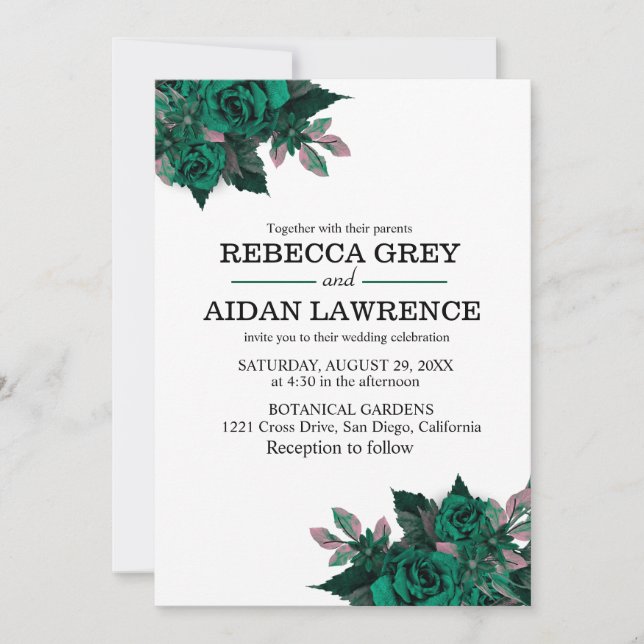 Modern Emerald Floral Garden Wedding Invitation Einladung (Vorderseite)