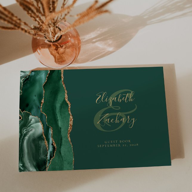 Modern Emerald Green Agate Gold Script Gästebuch (Von Creator hochgeladen)