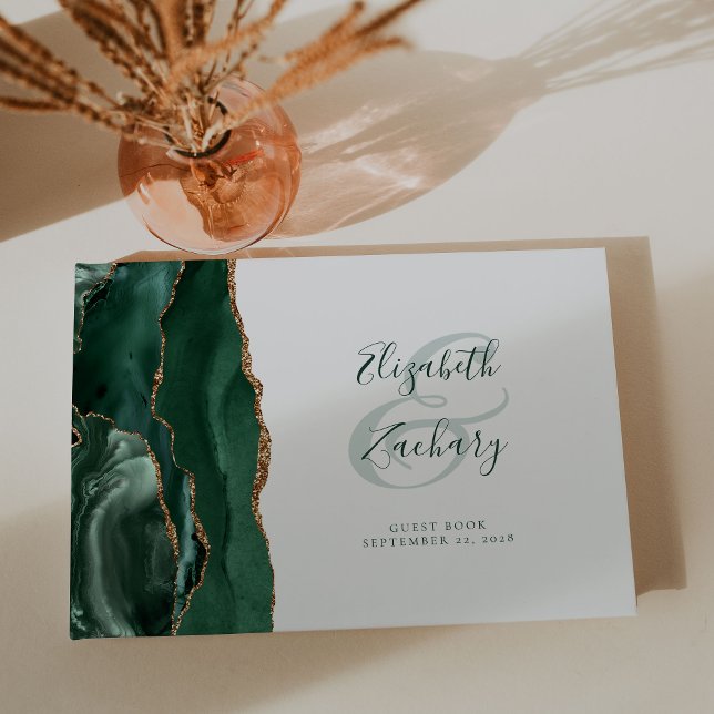 Modern Emerald Green Agate Gold Script Gästebuch (Von Creator hochgeladen)
