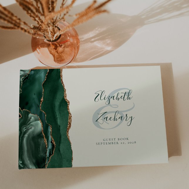 Modern Emerald Green Agate Gold Script Ivory Gästebuch (Von Creator hochgeladen)