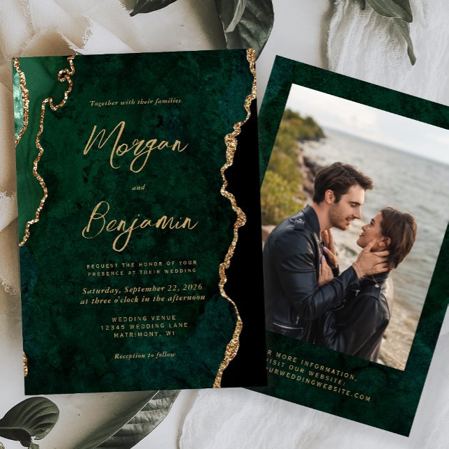 Modern Emerald Green Agate Script Photo Wedding Einladung (Von Creator hochgeladen)